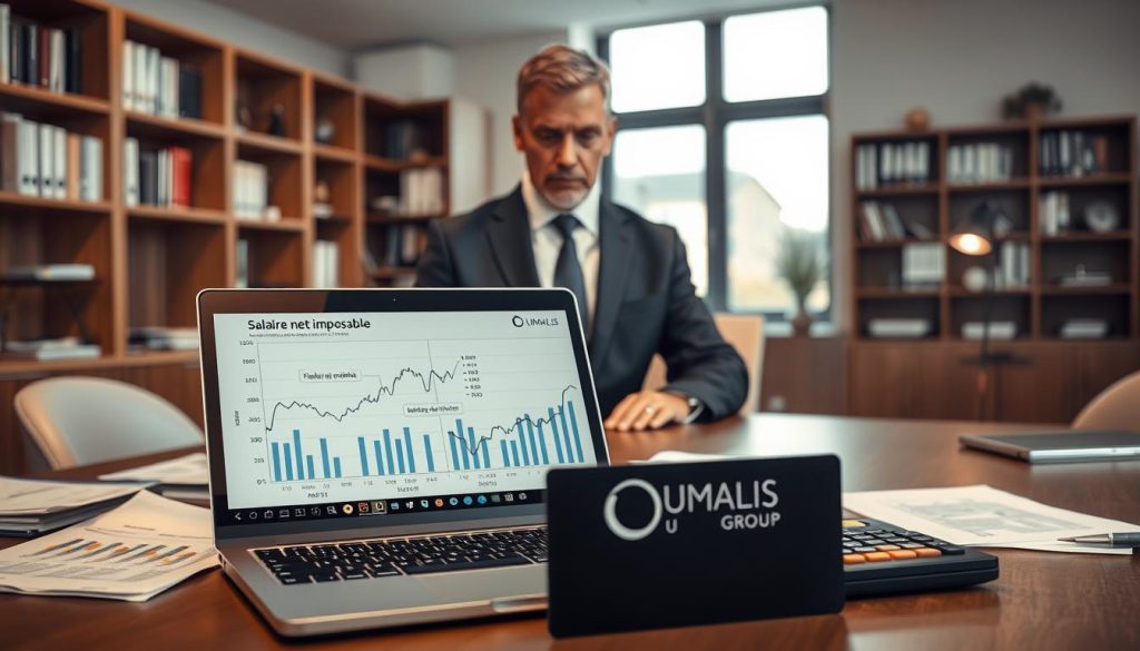 A professional office setting with a focus on financial calculations. In the foreground, a laptop displaying financial software with graphs showing "salaire net imposable" calculations, surrounded by documents and a calculator. In the middle, a seasoned business professional dressed in a sharp suit, examining the data with a pensive expression. The background shows a modern office with shelves of books, a window letting in soft natural light, and a sleek desk. The atmosphere is serious and focused, reflecting the theme of financial optimization. Use warm lighting to create a welcoming yet professional environment. The logo of "UMALIS GROUP" subtly integrated into the desk accessories, enhancing the corporate ambiance. A professional office setting with a focus on financial calculations. In the foreground, a laptop displaying financial software with graphs showing "salaire net imposable" calculations, surrounded by documents and a calculator. In the middle, a seasoned business professional dressed in a sharp suit, examining the data with a pensive expression. The background shows a modern office with shelves of books, a window letting in soft natural light, and a sleek desk. The atmosphere is serious and focused, reflecting the theme of financial optimization. Use warm lighting to create a welcoming yet professional environment. The logo of "UMALIS GROUP" subtly integrated into the desk accessories, enhancing the corporate ambiance.