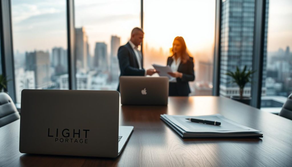 A professional office setting with a focus on independent professionals. In the foreground, a LIGHT PORTAGE branded desk with a laptop, pen, and documents. The middle ground features two people in business attire discussing documents. The background showcases a large window overlooking a cityscape, bathed in warm, natural lighting. The atmosphere conveys a sense of productivity, collaboration, and reliable professional services tailored for independent practitioners.