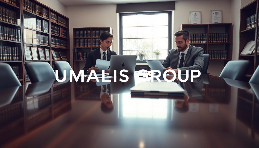 A professional office setting with a focus on legal procedures and financial security. In the foreground, a polished conference table displays documents and a laptop, symbolizing "portage salarial and debt recovery". Two individuals in formal business attire—one an attentive lawyer, the other a client—are engaged in a serious discussion while reviewing papers. The middle ground features a large window with natural light streaming in, casting soft shadows on the floor, enhancing the sense of trust and professionalism. The background reveals shelves filled with legal books and certificates, setting a context of credibility and expertise. The overall mood is focused and reassuring, communicating the themes of security and optimization in financial dealings. Incorporate the brand name "UMALIS GROUP" subtly in the scene, showcasing its relevance to the depicted processes.