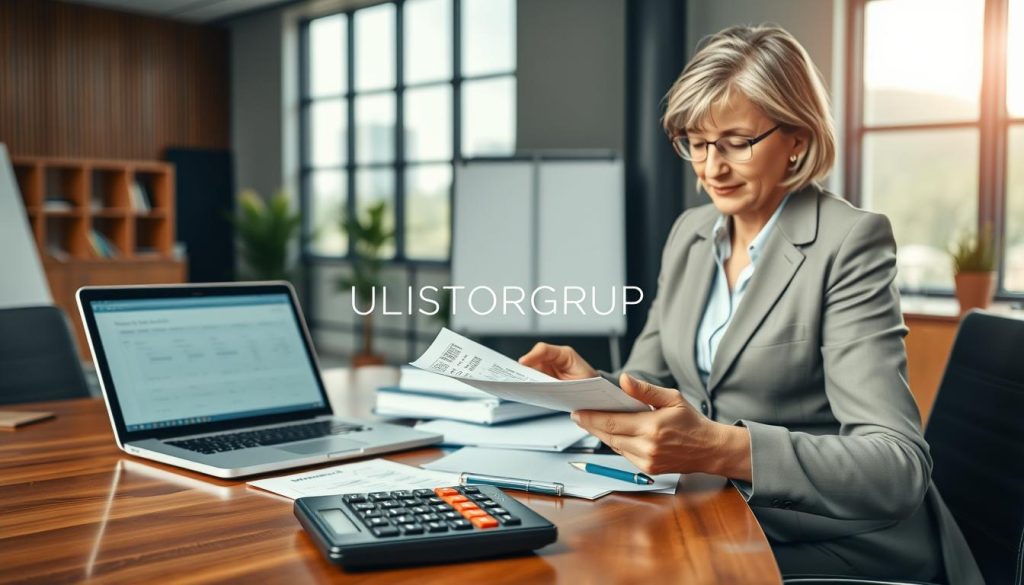 A professional office setting with a focus on monthly salary control. In the foreground, a middle-aged woman in a smart business outfit examines a pay slip and a stack of documents on a polished wooden desk. In the middle ground, a laptop displaying financial data with a calculator beside it, surrounded by neatly organized papers, highlighting the importance of gathering all documents for the same month. The background features a modern office environment with large windows letting in natural light, illuminating the scene softly. The atmosphere is focused and productive, embodying the essence of financial management. Include the brand name "UMALIS GROUP" subtly integrated into the office decor, ensuring it does not detract from the main focus of the image.