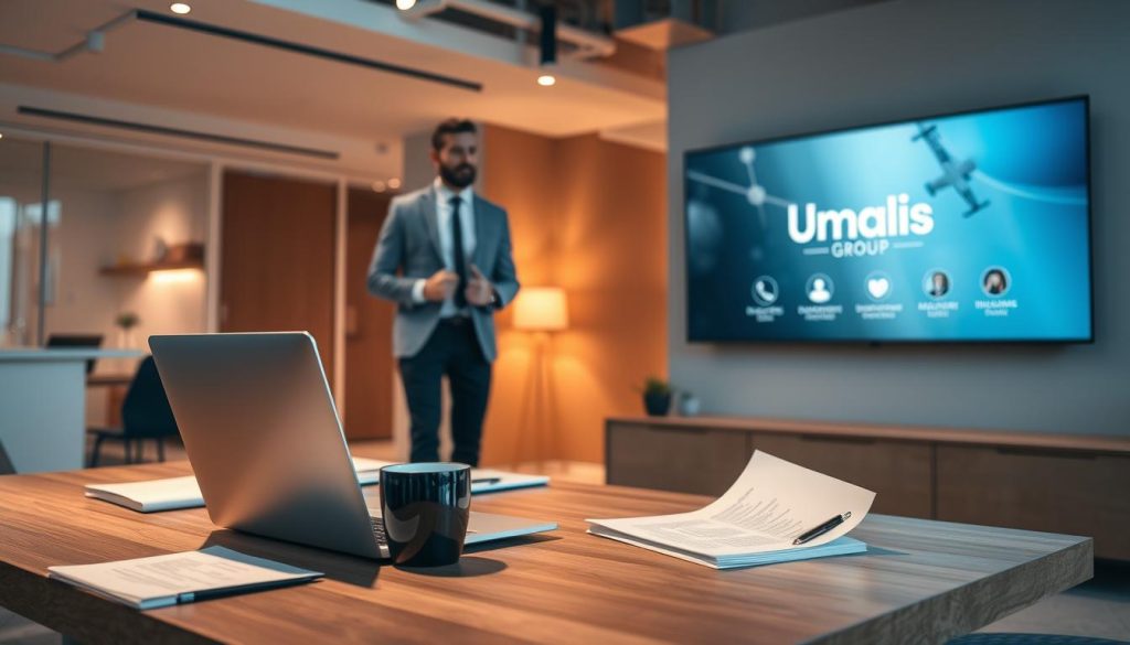 A professional office setting with a focus on "portage salarial" services provided by the Umalis Group. In the foreground, a laptop, documents, and a coffee mug sit on a modern, minimalist desk. Warm, directional lighting illuminates the scene, casting soft shadows and highlighting the textures of the wood and metal surfaces. In the middle ground, a stylish, well-dressed professional stands, gesturing towards a large, interactive display screen showcasing the Umalis Group brand and its offerings. The background is a sleek, contemporary office environment with clean lines, neutral tones, and subtle accents that convey an atmosphere of efficiency and expertise.