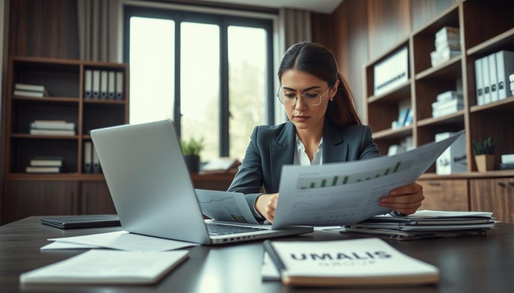 A professional office setting with a focused female freelancer in business attire, seated at a modern desk, reviewing financial documents related to "rémunération portage salarial". She appears contemplative, highlighting the stress of managing her income amidst paperwork. In the foreground, a laptop displays charts and numbers, symbolizing her earnings. The middle ground features a large window with natural light streaming in, illuminating the space. Dark wood accents create a warm yet serious atmosphere. In the background, shelves filled with financial books and a small plant add life to the scene. The overall mood conveys tension and introspection about the challenges of freelance remuneration in a portage salarial context. In subtle branding, a visible notepad on the desk shows the logo "UMALIS GROUP". A professional office setting with a focused female freelancer in business attire, seated at a modern desk, reviewing financial documents related to "rémunération portage salarial". She appears contemplative, highlighting the stress of managing her income amidst paperwork. In the foreground, a laptop displays charts and numbers, symbolizing her earnings. The middle ground features a large window with natural light streaming in, illuminating the space. Dark wood accents create a warm yet serious atmosphere. In the background, shelves filled with financial books and a small plant add life to the scene. The overall mood conveys tension and introspection about the challenges of freelance remuneration in a portage salarial context. In subtle branding, a visible notepad on the desk shows the logo "UMALIS GROUP".