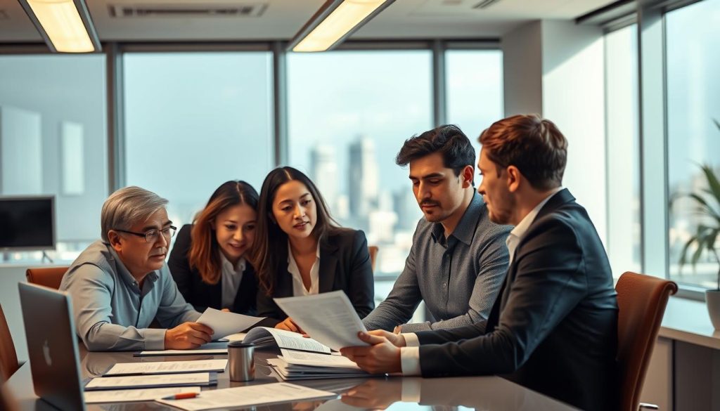 A professional office setting with a group of people discussing business documents and files. In the foreground, a team of Umalis Group employees are gathered around a conference table, engaged in animated conversation. Warm, directional lighting from overhead fixtures casts subtle shadows, highlighting the earnest expressions on their faces as they review case studies and industry regulations. In the middle ground, floor-to-ceiling windows offer a cityscape view, underscoring the gravity of the professional responsibility at hand. The overall mood is one of focused collaboration, with a sense of gravity and attention to detail befitting the subject matter.