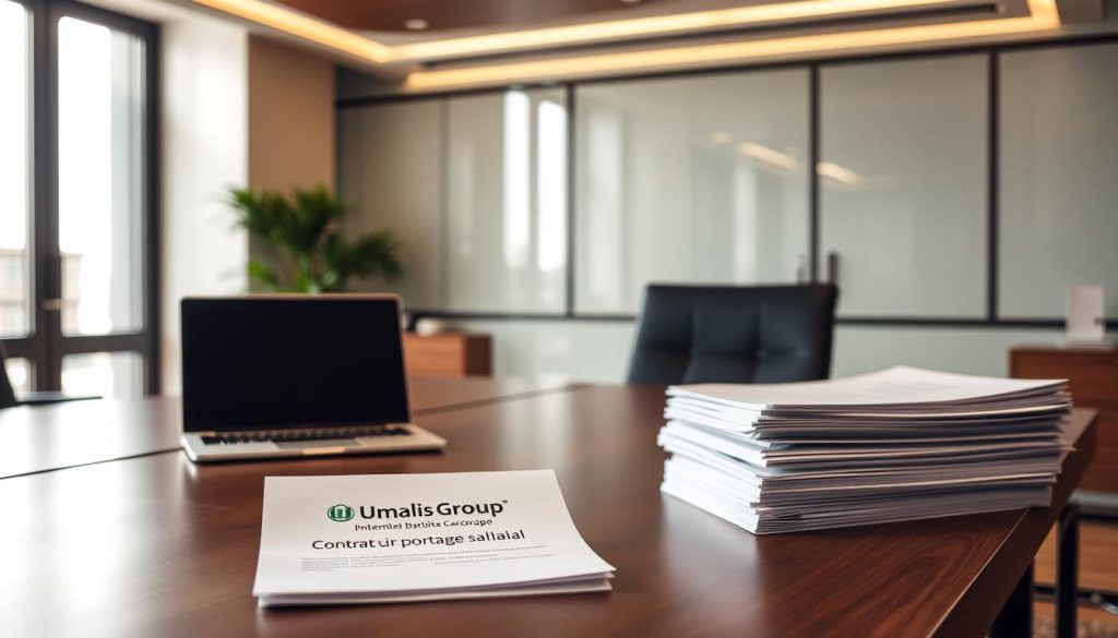 A professional office setting with a large desk, a laptop, and a stack of documents labeled "Contrat travail portage salarial". The lighting is warm and inviting, with a muted color palette. On the desk, the Umalis Group logo is prominently displayed, indicating that this is a specialized service for contract work. The overall atmosphere conveys a sense of professionalism and attention to detail, reflecting the subject matter of the article section. A professional office setting with a large desk, a laptop, and a stack of documents labeled "Contrat travail portage salarial". The lighting is warm and inviting, with a muted color palette. On the desk, the Umalis Group logo is prominently displayed, indicating that this is a specialized service for contract work. The overall atmosphere conveys a sense of professionalism and attention to detail, reflecting the subject matter of the article section.