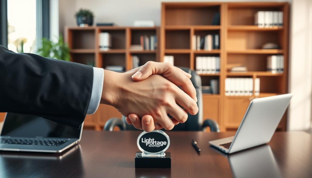 A professional office setting with a large desk, chair, and bookshelf in the background. On the desk, a laptop, pen, and a stylized "Light Portage" logo paperweight. In the foreground, hands shake in a formal business handshake, conveying a sense of professional engagement and commitment. Soft, warm lighting illuminates the scene, creating a mood of trust and collaboration. The overall image reflects the idea of defining and upholding professional commitments for a healthy work relationship.