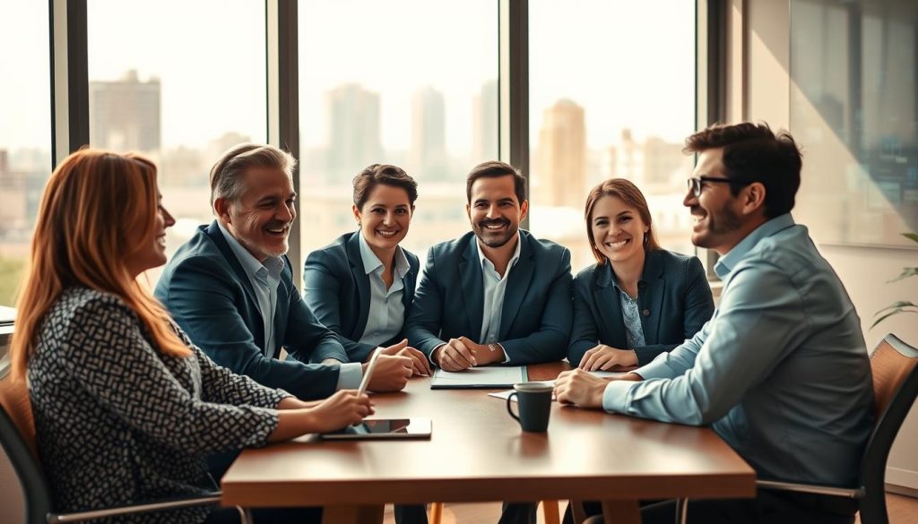 A professional office setting, with a large window overlooking a cityscape. In the foreground, a group of people - clients and digital professionals from the Umalis Group - seated around a table, engaged in discussion. Warm, natural lighting floods the room, casting a cozy ambiance. The clients' faces convey a sense of satisfaction and trust, as they share their positive experiences with the Umalis Group's digital portage services. In the background, subtle, blurred images of digital devices and technology, symbolizing the seamless integration of Umalis Group's solutions. An atmosphere of collaboration, professionalism, and trust pervades the scene.