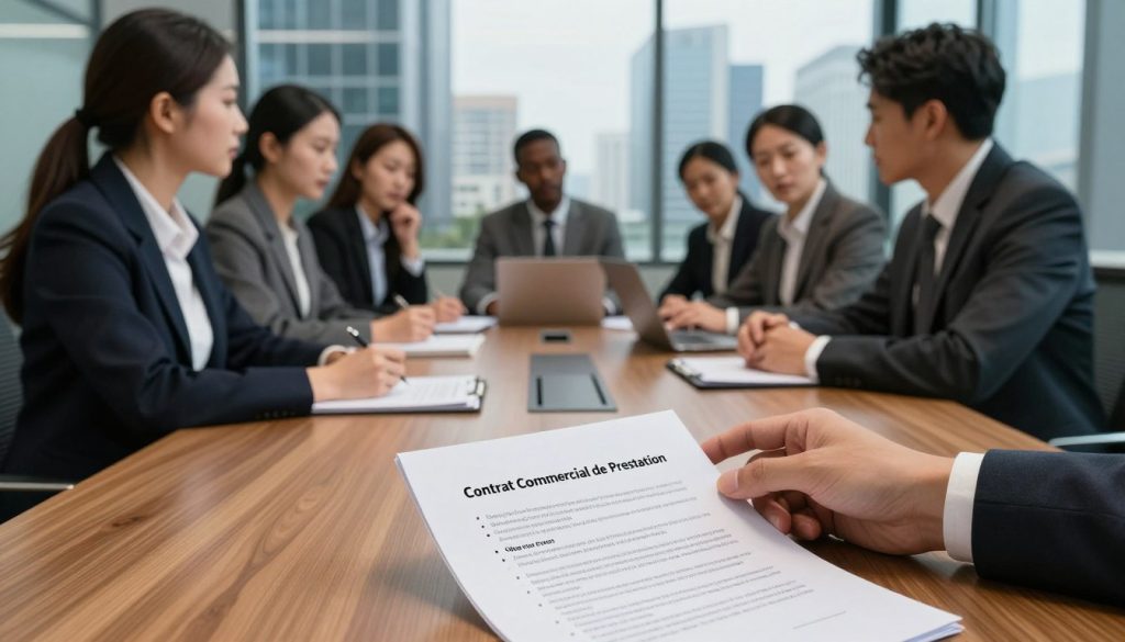A professional office setting with a large wooden conference table at the center, surrounded by business professionals in smart attire engaged in a discussion about contract terms. In the foreground, a close-up of documents titled 'Contrat Commercial de Prestation' with bullet points outlining object, price, and responsibilities. The middle layer showcases a group of diverse individuals, including a Caucasian woman, a Black man, and an Asian woman, pondering over the papers, with one person pointing at the document. In the background, a glass wall displays a modern city skyline, illuminated by soft, natural light streaming through, creating a focused and serious atmosphere. The image conveys professionalism, collaboration, and legal obligations without any text or distractions.