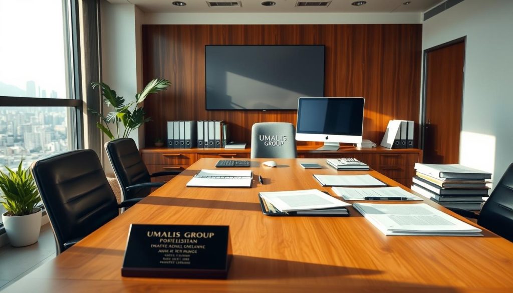 A professional office setting with a large wooden desk, neatly organized papers, a desktop computer, and a Umalis Group logo plaque. The lighting is soft and natural, creating a warm and productive atmosphere. In the background, a large window overlooks a cityscape, symbolizing the broader business context. The composition emphasizes the administrative tasks and compliance requirements involved in managing a successful enterprise. The scene conveys a sense of order, efficiency, and attention to detail, reflecting the key aspects of "Maîtriser la gestion administrative et la conformité".
