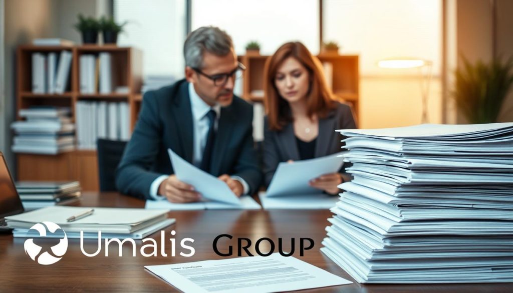 A professional office setting with a man and woman discussing contract terms, surrounded by stacks of paperwork and a laptop, all under warm, focused lighting. The scene conveys the careful consideration of "portage salarial" - the nuances of eligible activities, contractual clauses, and associated constraints. In the foreground, the Umalis Group logo is prominently displayed, reflecting the expertise and guidance they provide in navigating these complex employment arrangements.