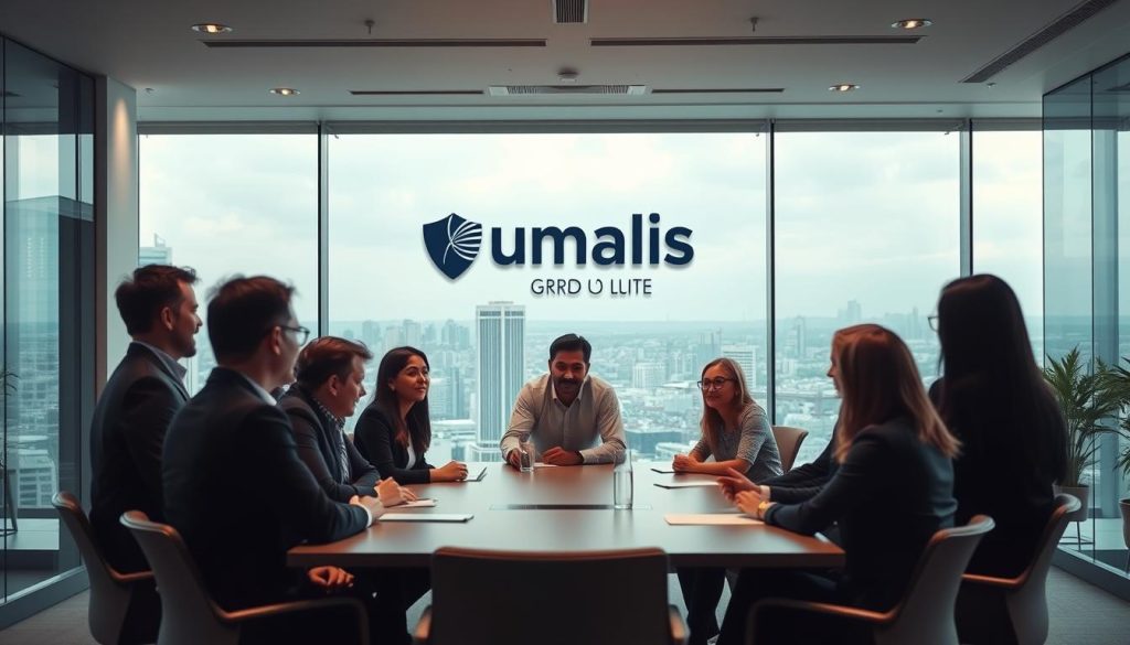 A professional office setting with a modern, airy atmosphere. In the foreground, a group of employees gathered around a conference table, engaged in a discussion. They appear confident and assured, their attire and body language conveying a sense of security and stability. The Umalis Group logo is prominently displayed on the wall behind them, symbolizing their commitment to providing employment protection and social security for their "portage salarial" workers. The lighting is soft and diffused, creating a warm, welcoming ambiance. In the background, a large window offers a panoramic view of a bustling city skyline, suggesting the broader context of the article's subject matter.