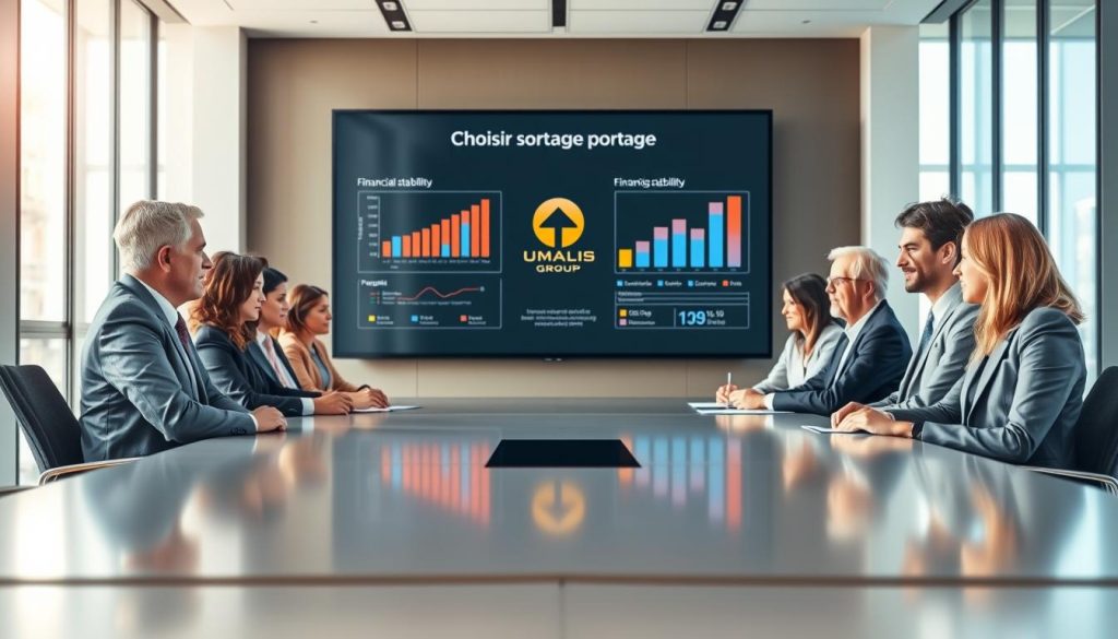 A professional office setting with a modern conference room in the foreground, featuring a sleek table surrounded by diverse individuals in professional business attire engaged in a discussion about "choisir société portage." In the middle, a large digital screen displays charts and graphs related to financial stability and flexibility of portage companies, including a subtle logo of "UMALIS GROUP." In the background, floor-to-ceiling windows let in natural light, creating a bright and inspiring atmosphere. Soft shadows enhance the depth, and a warm color palette adds a welcoming touch. The scene captures an atmosphere of collaboration and informed decision-making, emphasizing the importance of choosing the right portage company, suitable for seniors seeking flexible employment options.