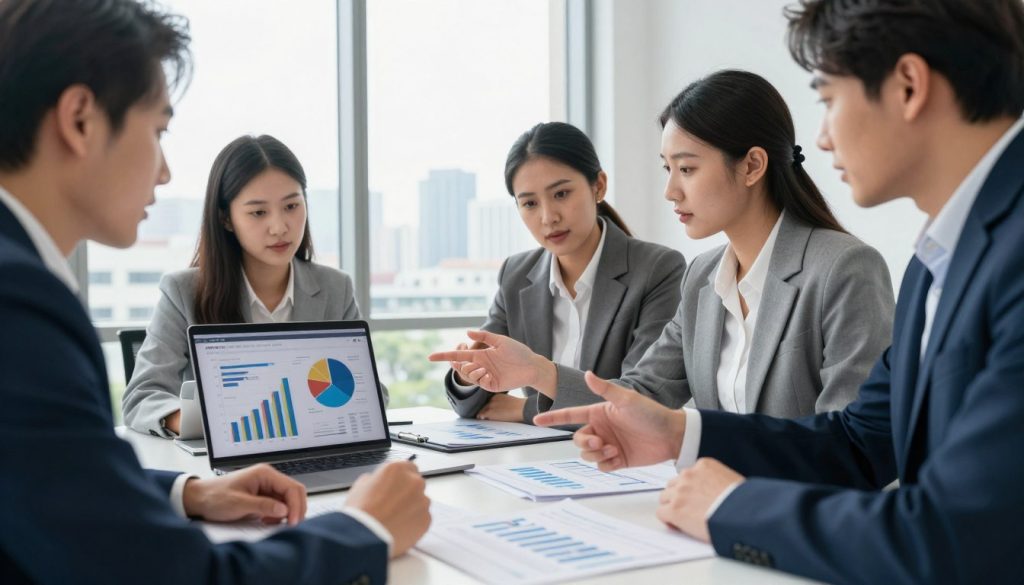 A professional office setting with a modern feel, showcasing a diverse group of four individuals in business attire engaged in a lively discussion around a table covered in financial documents and a laptop displaying graphs. The foreground features a close-up of hands pointing at a pie chart illustrating costs and net income. In the middle, the individuals, two men and two women, exhibit focused expressions, with one gesturing towards the laptop screen, highlighting collaboration and brainstorming. The background includes a large window with natural light streaming in, offering a cityscape view that adds depth to the scene. The mood is dynamic and productive, conveying a sense of teamwork and financial insight. The image emphasizes professionalism and clarity in the context of financial management.