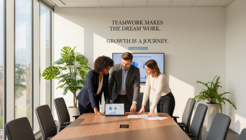A professional office setting with a modern, sleek design, showcasing a large wooden conference table surrounded by ergonomic chairs. In the foreground, a diverse group of three business professionals, a woman in a smart blazer, a man in a tailored suit, and another individual in polished casual attire, are engaged in a discussion, reviewing a document with statistics on health insurance and contract statuses. Soft natural lighting streams through large windows, casting gentle shadows and creating a warm atmosphere. In the background, a large wall displays inspirational quotes about teamwork and growth, reinforcing a positive, collaborative mood. The overall color palette is neutral with hints of green plants, symbolizing renewal and change. Include the brand name "portagesalarials.com" subtly integrated in the scene.