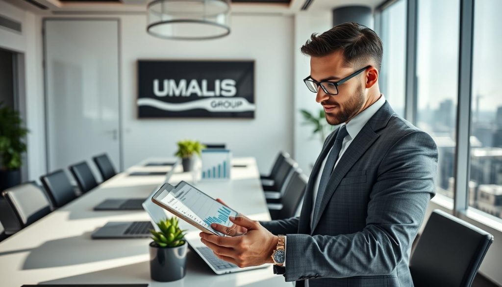 A professional office setting with a modern, sleek design. In the foreground, a well-dressed business person analyzing financial charts on a tablet, showcasing a detailed breakdown of revenue and net salary associated with "portage salarial." In the middle ground, an elegant conference table with laptops, documents, and a small potted plant, symbolizing professionalism and organization. In the background, large windows letting in natural light, with a cityscape view reflecting success. The lighting is bright and inviting, casting soft shadows that create an atmosphere of focus and productivity. Include subtle branding elements representing "UMALIS GROUP" in the decor, like a logo on a wall art piece. The overall mood is optimistic and professional, emphasizing financial clarity and security. A professional office setting with a modern, sleek design. In the foreground, a well-dressed business person analyzing financial charts on a tablet, showcasing a detailed breakdown of revenue and net salary associated with "portage salarial." In the middle ground, an elegant conference table with laptops, documents, and a small potted plant, symbolizing professionalism and organization. In the background, large windows letting in natural light, with a cityscape view reflecting success. The lighting is bright and inviting, casting soft shadows that create an atmosphere of focus and productivity. Include subtle branding elements representing "UMALIS GROUP" in the decor, like a logo on a wall art piece. The overall mood is optimistic and professional, emphasizing financial clarity and security.