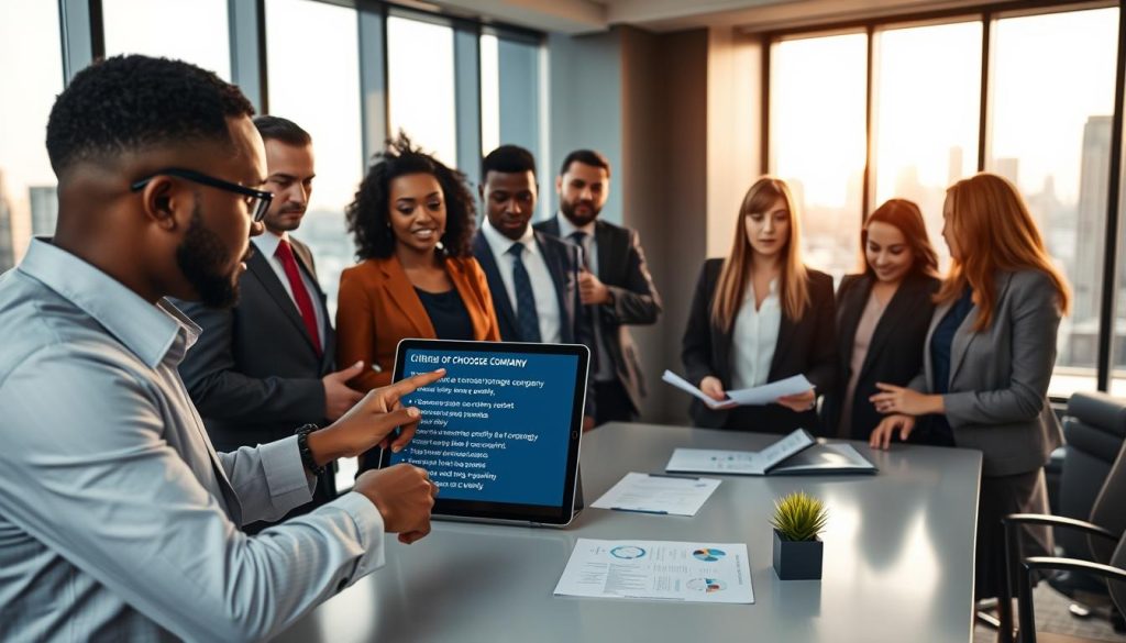 A professional office setting with a modern touch, showcasing a diverse group of business people dressed in smart attire, representing various cultures. In the foreground, two individuals are engaged in a discussion, pointing at a digital tablet displaying a list of criteria for choosing a portage company, emphasizing clarity and accessibility. In the middle ground, a sleek conference table is surrounded by a few more colleagues, analyzing documents and discussing key points. The background features large windows letting in natural light, with a city skyline visible outside, enhancing the professional atmosphere. The overall mood is collaborative and focused, with soft, warm lighting to create an inviting environment. Include subtle branding elements, such as the logo of "UMALIS GROUP" displayed on a screen or a document, ensuring it integrates seamlessly into the image without overpowering the main subject.