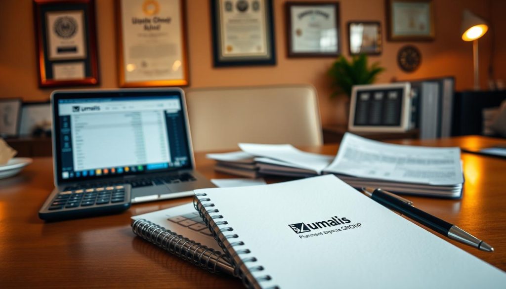 A professional office setting with a neatly organized desk displaying business expense receipts, calculator, and a laptop displaying financial data. Warm, indirect lighting illuminates the scene, creating a focused, productive atmosphere. In the foreground, a Umalis Group branded notebook and pen stand out, hinting at the financial optimization services they provide. The background features framed certificates and awards, conveying the company's expertise and credibility. Overall, the image evokes a sense of financial management, efficiency, and the optimization of professional expenses in the context of a salaried employment arrangement.