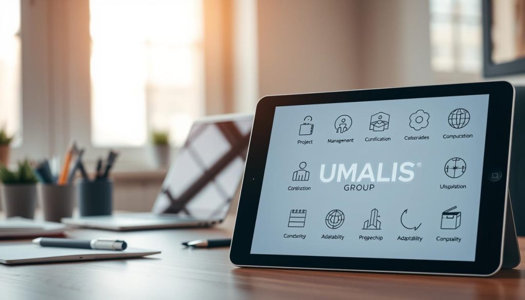 A professional office setting with a neatly organized desk showcasing key skills for a salarial portage employee. In the foreground, a tablet displays the UMALIS GROUP logo, alongside carefully curated icons representing in-demand competencies such as project management, communication, and adaptability. The mid-ground features a laptop, stationery, and other workplace accessories, conveying a sense of productivity and efficiency. The background is softly blurred, creating a focused, minimalist atmosphere that emphasizes the core qualifications. Warm, natural lighting from a window casts a subtle glow, adding to the overall sense of professionalism and expertise.