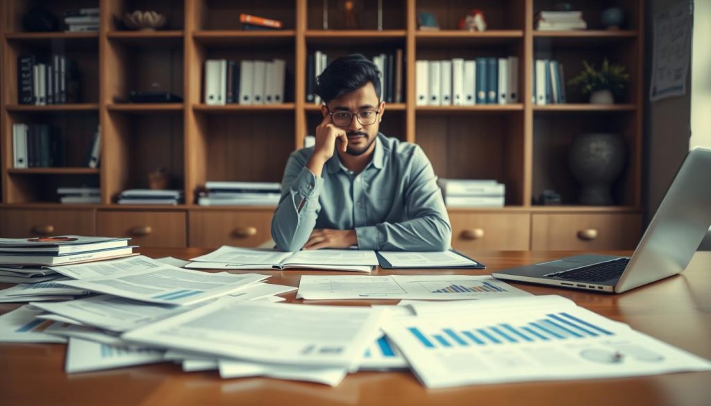 A professional office setting with a person sitting at a desk, evaluating their career options. The lighting is soft and natural, with a warm, inviting atmosphere. In the foreground, various documents, graphs, and a laptop are scattered on the desk, indicating the process of self-assessment. In the middle ground, the person is shown in a contemplative pose, deep in thought. The background features shelves filled with books and professional-looking decor, reflecting the Umalis Group's expertise and resources. The overall scene conveys a sense of introspection and careful consideration of one's professional profile and needs. A professional office setting with a person sitting at a desk, evaluating their career options. The lighting is soft and natural, with a warm, inviting atmosphere. In the foreground, various documents, graphs, and a laptop are scattered on the desk, indicating the process of self-assessment. In the middle ground, the person is shown in a contemplative pose, deep in thought. The background features shelves filled with books and professional-looking decor, reflecting the Umalis Group's expertise and resources. The overall scene conveys a sense of introspection and careful consideration of one's professional profile and needs.