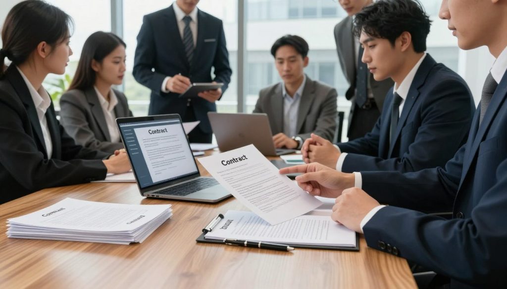 A professional office setting with a polished wooden desk at the forefront, featuring neatly stacked legal documents labeled “Contract”, a pen, and a laptop displaying a digital contract signing interface. In the middle ground, a diverse group of business professionals in smart attire engaged in a discussion about contract terms, with one person pointing to specific clauses on a document. In the background, a large window allows soft, natural light to illuminate the scene, highlighting the modern architectural features of the office. The overall mood is cooperative and focused, capturing the essence of formal discussions around mandatory contractual mentions in freelance work settings.