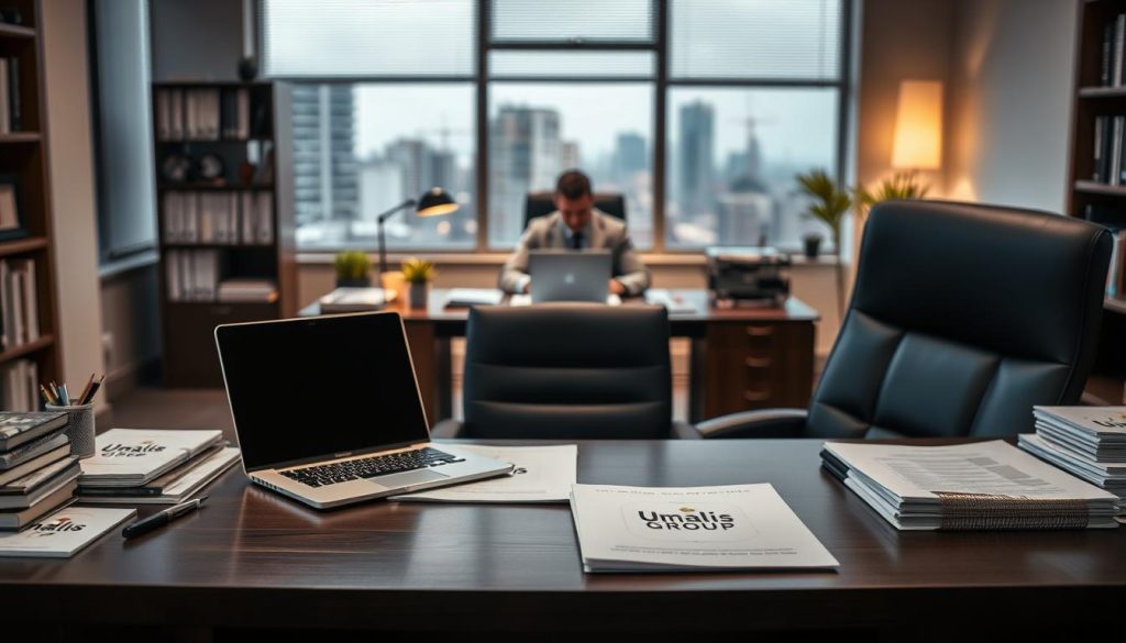 A professional office setting, with a prominent desk and chair in the foreground. On the desk, there are various office supplies, a laptop, and documents labeled "Umalis Group". In the middle ground, a person is sitting at the desk, engaged in work. The background features a bookshelf, a window overlooking a cityscape, and soft, warm lighting illuminating the scene. The overall atmosphere conveys a sense of productivity, professionalism, and the specialized nature of the "portage salarial" service offered by Umalis Group.
