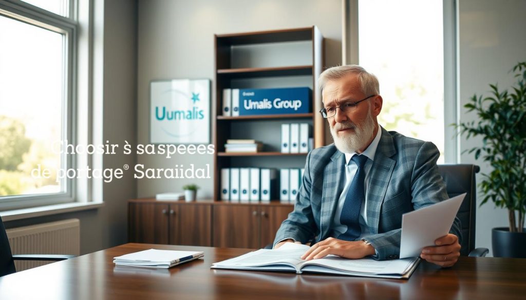 A professional office setting with a serene, thoughtful atmosphere. In the foreground, a senior businessman sits at a wooden desk, reviewing documents related to "Choisir sa société de portage salarial". The middle ground features a bookshelf displaying the Umalis Group logo, conveying a sense of trust and expertise. The background showcases large windows, allowing natural light to stream in and create a warm, inviting ambiance. The overall scene exudes a sense of contemplation and informed decision-making, perfectly capturing the essence of the article's subject matter.
