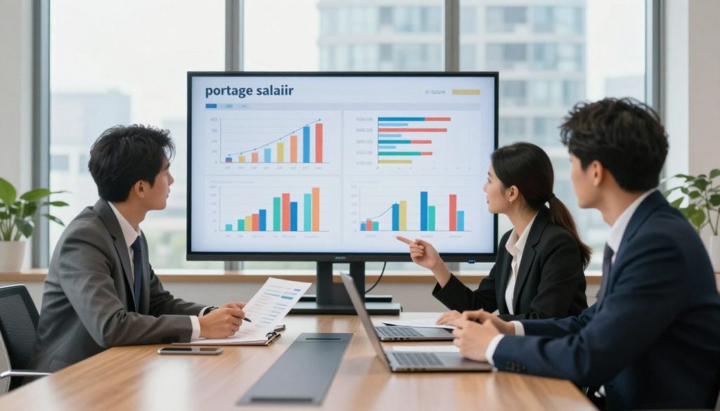 A professional office setting with a sleek conference table in the foreground, where two business professionals, one male and one female, are engaged in a discussion over cost comparison charts and salary simulations. They are dressed in smart business attire, exuding an atmosphere of collaboration and analysis. In the middle, a large screen displays colorful graphs and tables illustrating cost breakdowns and salary projections in the context of "portage salarial." The background features large windows allowing natural light to flood the room, highlighting a modern urban skyline. The overall mood is one of productivity and insight, capturing the essence of financial planning and opportunity exploration. Use a warm color palette to create an inviting yet professional ambiance. High-resolution with a focus on clarity and detail. A professional office setting with a sleek conference table in the foreground, where two business professionals, one male and one female, are engaged in a discussion over cost comparison charts and salary simulations. They are dressed in smart business attire, exuding an atmosphere of collaboration and analysis. In the middle, a large screen displays colorful graphs and tables illustrating cost breakdowns and salary projections in the context of "portage salarial." The background features large windows allowing natural light to flood the room, highlighting a modern urban skyline. The overall mood is one of productivity and insight, capturing the essence of financial planning and opportunity exploration. Use a warm color palette to create an inviting yet professional ambiance. High-resolution with a focus on clarity and detail.