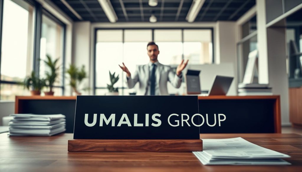 A professional office setting with a sleek, modern design. In the foreground, a UMALIS GROUP logo prominently displayed on a stylish wooden desk, surrounded by neat stacks of paperwork and a laptop. In the middle ground, a well-dressed individual, possibly a business owner or consultant, gesturing towards the desk, conveying a sense of professionalism and assurance. The background features floor-to-ceiling windows, allowing natural light to flood the space and create a warm, inviting atmosphere. The overall scene suggests the importance of professional liability insurance, or "assurance responsabilité civile," as a key component of comprehensive business protection for independent professionals in France.