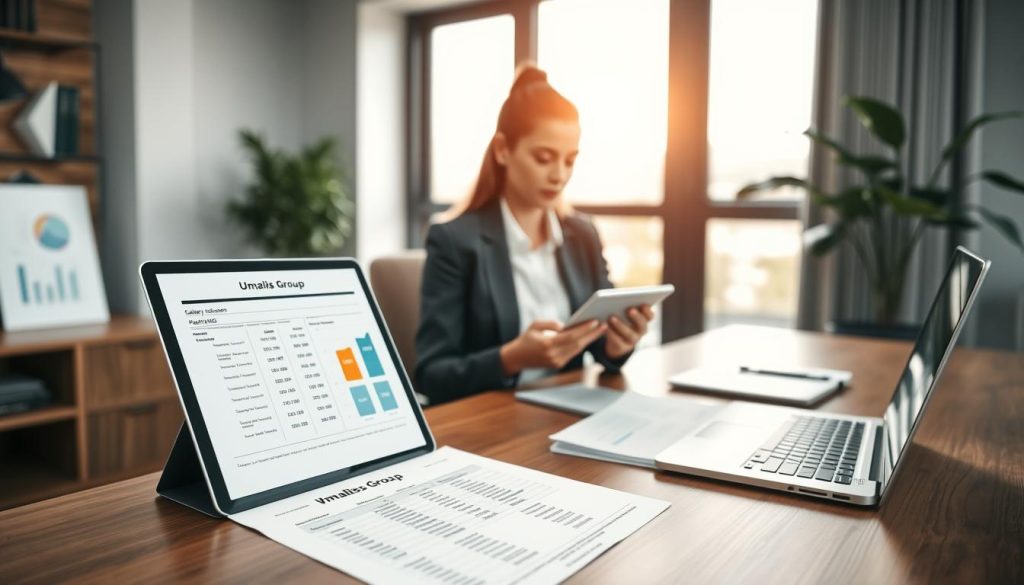 A professional office setting with a sleek wooden desk in the foreground displaying a detailed salary calculation sheet and a laptop showing financial graphs. A focused businesswoman in professional attire, analyzing the documents with a calculator in hand, sits at the desk. In the midground, a comfortable chair and a leafy plant add a touch of warmth to the environment. The background features a large window letting in natural light, illuminating the contemporary office design with subtle colors. The atmosphere is busy yet organized, reflecting a sense of professionalism and diligence in managing salary and compensation in a portage salarial system. The scene subtly incorporates the brand name "Umalis Group" within the materials on the desk, ensuring a cohesive visual identity.