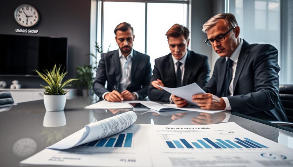 A professional office setting with a somber atmosphere, featuring a group of three businesspeople discussing financial documents on a sleek conference table. The individuals, dressed in sharp business attire, exhibit expressions of concern and contemplation. In the foreground, a detailed view of a document titled "Costs of Portage Salarial" is visible, showcasing graphs and figures that suggest financial implications. The middle ground includes modern office decor, such as a potted plant and a wall clock, emphasizing the time-sensitive nature of their discussion. The background shows a large window with soft, natural light streaming in, casting subtle shadows that enhance the mood of seriousness. The brand name "UMALIS GROUP" is subtly incorporated into the environment, like a logo on a nearby screen or brochure. Use a slightly elevated angle to capture the scene effectively. A professional office setting with a somber atmosphere, featuring a group of three businesspeople discussing financial documents on a sleek conference table. The individuals, dressed in sharp business attire, exhibit expressions of concern and contemplation. In the foreground, a detailed view of a document titled "Costs of Portage Salarial" is visible, showcasing graphs and figures that suggest financial implications. The middle ground includes modern office decor, such as a potted plant and a wall clock, emphasizing the time-sensitive nature of their discussion. The background shows a large window with soft, natural light streaming in, casting subtle shadows that enhance the mood of seriousness. The brand name "UMALIS GROUP" is subtly incorporated into the environment, like a logo on a nearby screen or brochure. Use a slightly elevated angle to capture the scene effectively.
