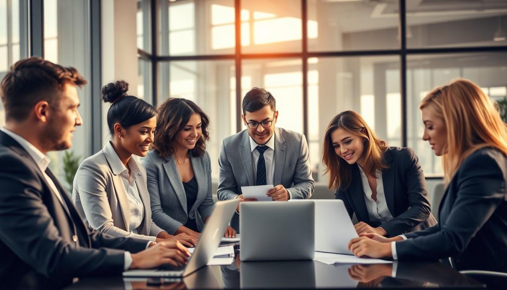 A professional office setting with a team of business professionals in a "portage salarial" arrangement. In the foreground, a group of well-dressed individuals, representing the "portage salarial" employees, collaborating on a project using laptops and documents. In the middle ground, a manager or consultant from the Umalis Group guiding the team, providing advice and oversight. The background features a modern, minimalist office space with large windows, letting in warm, natural lighting that creates a productive and professional atmosphere. The scene conveys a sense of security, stability, and collaborative work dynamics between the "portage salarial" employees and the Umalis Group.