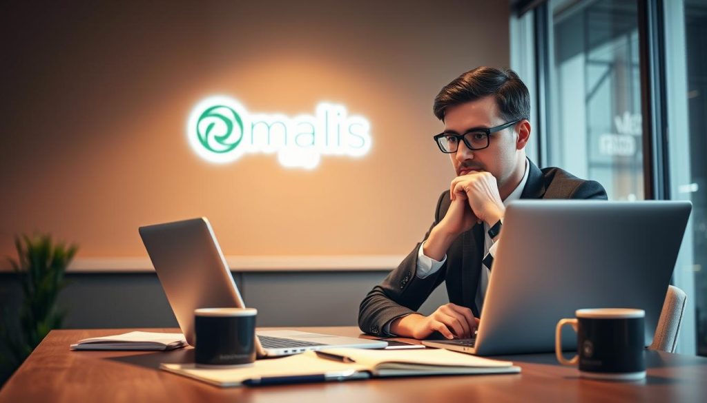 A professional office setting with a thoughtful business consultant working on a laptop, surrounded by practical items like a notebook, pen, and a mug of coffee. The lighting is warm and focused, creating a calming atmosphere. In the background, the Umalis Group logo is prominently displayed, reinforcing the professional context. The overall scene conveys a sense of productivity, expertise, and the practical guidance that can be found in the "Conseils pratiques pour réussir en portage salarial" section of the article.