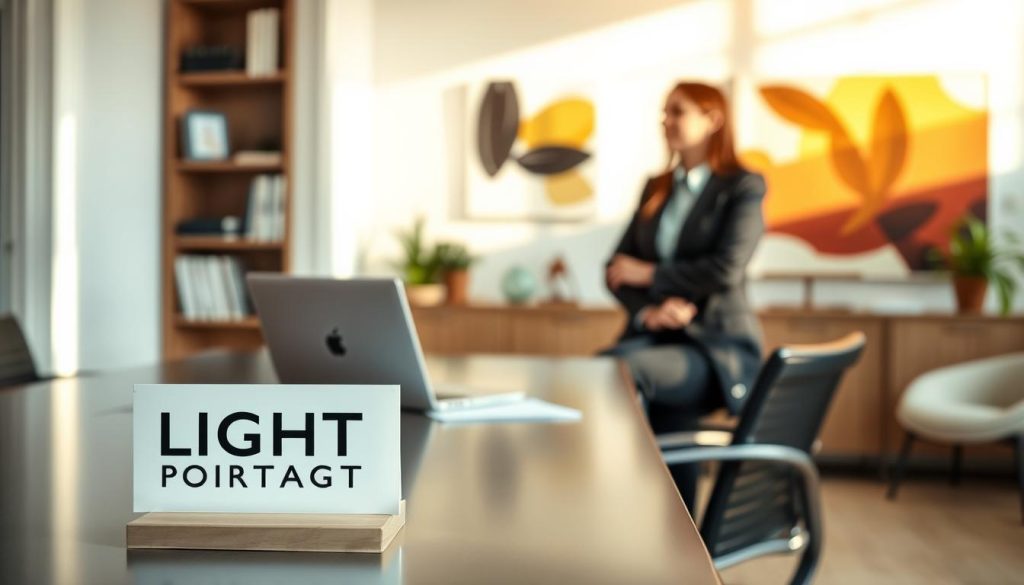 A professional office setting, with a well-appointed workspace bathed in warm, natural lighting. In the foreground, a LIGHT PORTAGE logo prominently displayed on a sleek desk. Behind it, a laptop and documents neatly arranged, conveying a sense of productive focus. The mid-ground features a smartly dressed professional, engaged in attentive conversation with a client, their body language suggesting a collaborative, supportive dynamic. In the background, a bookshelf and abstract artwork lend an air of expertise and refinement. The overall scene emanates a mood of confidence, security, and a commitment to guiding individuals through their career journeys.