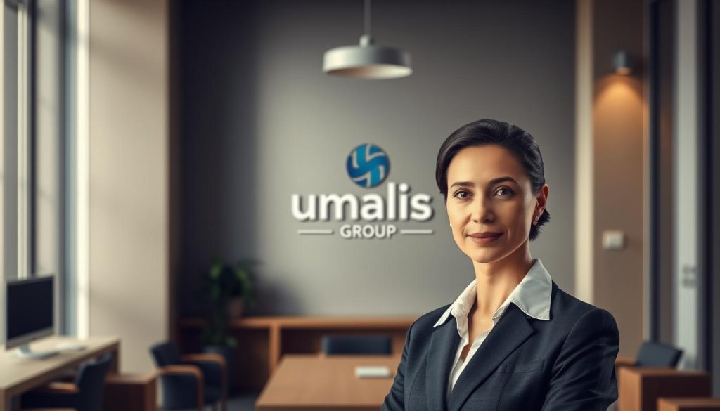 A professional office setting with a well-dressed businessperson in the foreground, representing the concept of "responsabilité civile professionnelle". The middle ground showcases the Umalis Group logo, signifying the company's expertise in this domain. The background features a muted, elegant color palette, evoking a sense of professionalism and reliability. Soft, directional lighting highlights the subject, creating a sense of focus and importance. The overall composition conveys the importance of professional liability insurance in supporting business ambitions and growth.