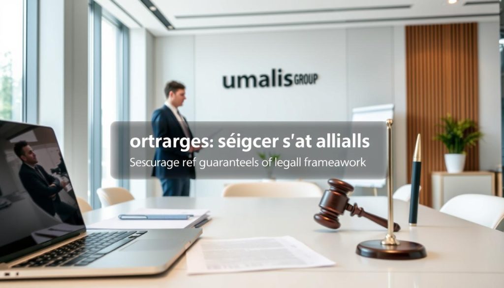 A professional office setting with a well-lit, modern interior. In the foreground, a desk with a laptop, papers, and a pen stand, representing the legal and administrative aspects of the "portage salarial" system. In the middle ground, two business professionals in formal attire engaged in a discussion, conveying the secure and reinforced guarantees of the legal framework. The background features sleek, minimalist decor with floor-to-ceiling windows, allowing natural light to flood the space and create an atmosphere of transparency and professionalism. The Umalis Group logo is prominently displayed on the wall, underscoring the brand's expertise in this domain.