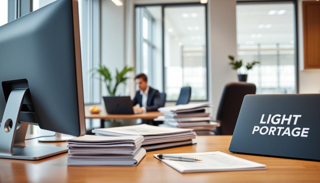 A professional office setting with a well-lit, modern workspace. In the foreground, a desktop computer and a LIGHT PORTAGE branded laptop showcase the administrative management tools. Atop the desk, a stack of neatly organized files and a pen-and-paper notepad represent the meticulous record-keeping. In the middle ground, a person in business attire sits at the desk, deep in concentration, symbolizing the dedicated fiscal guidance and support. The background features floor-to-ceiling windows, allowing natural light to flood the space and creating a sense of transparency and efficiency. An air of professionalism and attention to detail pervades the scene, reflecting the comprehensive administrative and fiscal services offered by LIGHT PORTAGE.