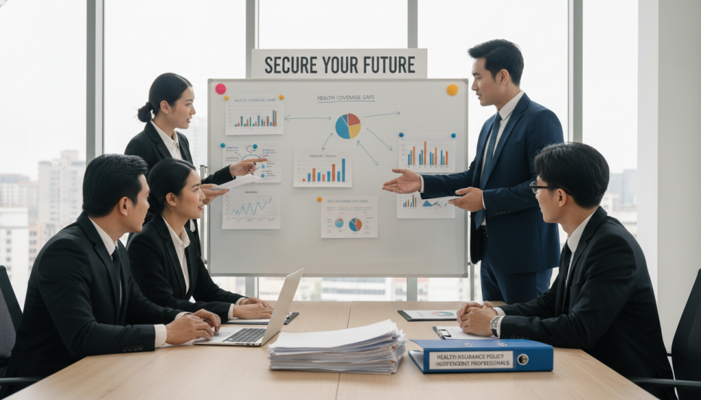 A professional office setting with a well-organized desk featuring a laptop, medical documents, and a health insurance policy folder prominently displayed. In the foreground, a diverse group of professionals, dressed in smart business attire, engage in a focused discussion, emphasizing collaboration and financial security. The middle section showcases a whiteboard with graphs and charts related to health insurance and coverage gaps. In the background, a large window lets in soft natural light, creating an inviting atmosphere that conveys stability and trust. The overall mood is optimistic and empowering, highlighting the importance of health insurance as a crucial safety net for self-employed individuals.