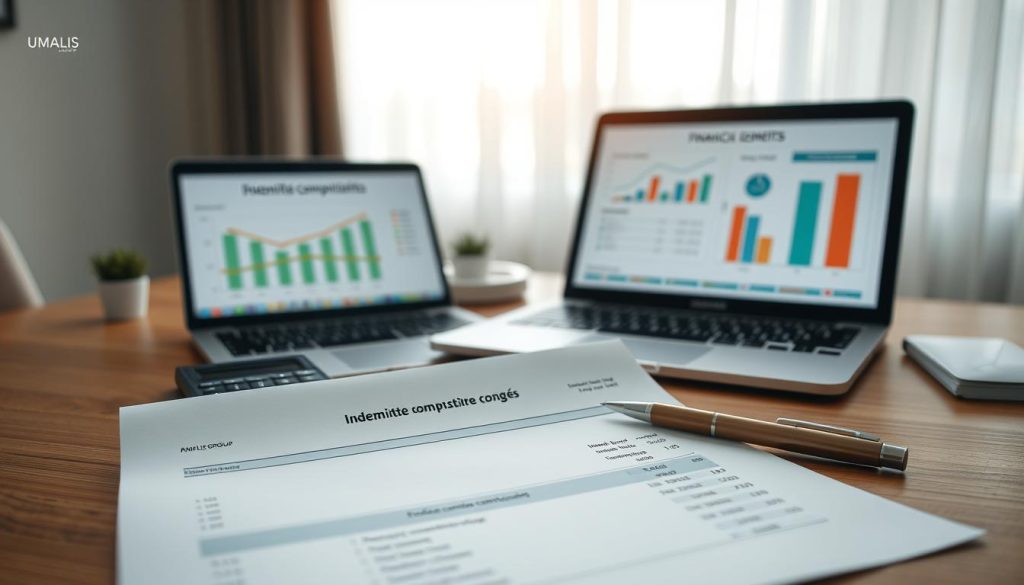 A professional office setting with a wooden desk in the foreground, where a meticulously organized payroll document sits next to a calculator and a pen, symbolizing "indemnité compensatrice congés". In the middle ground, a laptop displays a graph illustrating paid leave entitlements, while a chart shows financial benefits. In the background, a window with soft, natural light filters through sheer curtains, casting a warm glow over the scene. The mood is focused and professional, conveying a sense of clarity and trust in financial matters. Include a subtle branding element with the "UMALIS GROUP" logo on the document. The angle is a slightly elevated view, providing a comprehensive look at the desk's arrangement. A professional office setting with a wooden desk in the foreground, where a meticulously organized payroll document sits next to a calculator and a pen, symbolizing "indemnité compensatrice congés". In the middle ground, a laptop displays a graph illustrating paid leave entitlements, while a chart shows financial benefits. In the background, a window with soft, natural light filters through sheer curtains, casting a warm glow over the scene. The mood is focused and professional, conveying a sense of clarity and trust in financial matters. Include a subtle branding element with the "UMALIS GROUP" logo on the document. The angle is a slightly elevated view, providing a comprehensive look at the desk's arrangement.
