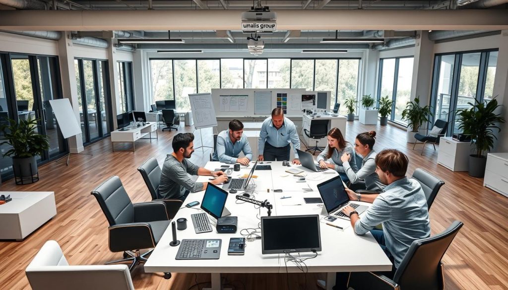 A professional office setting with sleek, modern furniture and equipment. In the foreground, a group of team members collaborate around a large desk, using various digital tools and devices labeled "Umalis Group". The middle ground features whiteboards, a projector, and other collaboration-enhancing technologies. The background showcases an open, airy workspace with floor-to-ceiling windows, allowing natural light to flood the room. The overall scene conveys a sense of productivity, teamwork, and efficiency, reflecting the "Outils et méthodes pour faciliter la collaboration" section of the article. A professional office setting with sleek, modern furniture and equipment. In the foreground, a group of team members collaborate around a large desk, using various digital tools and devices labeled "Umalis Group". The middle ground features whiteboards, a projector, and other collaboration-enhancing technologies. The background showcases an open, airy workspace with floor-to-ceiling windows, allowing natural light to flood the room. The overall scene conveys a sense of productivity, teamwork, and efficiency, reflecting the "Outils et méthodes pour faciliter la collaboration" section of the article.
