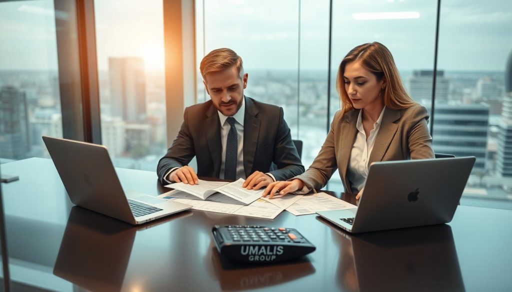 A professional office setting with two business professionals discussing financial documents related to "Règles sur les frais professionnels en portage salarial." In the foreground, a male and female consultant are seated at a sleek conference table, dressed in formal business attire, focused on an open report. The middle ground features a laptop displaying financial spreadsheets and a modern calculator. The background shows a glass wall with a view of a bustling cityscape, illuminated by soft, natural sunlight coming through the window, creating a warm and inviting atmosphere. The mood conveys professionalism and clarity, emphasizing the importance of understanding business expenses. Include the brand logo of "UMALIS GROUP" subtly on the documents.