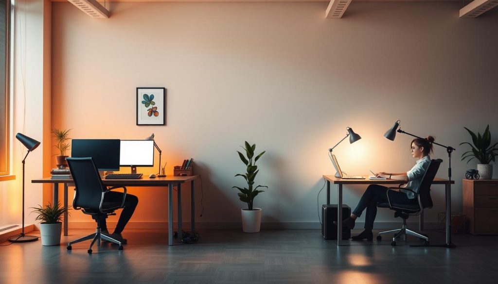 A professional office setting with two distinct workspaces - one for a traditional employee with a desk, computer, and corporate decor, and another for a freelancer with a more relaxed, minimalist setup. Warm, soft lighting illuminates the scene, creating a sense of contrast between the structured corporate environment and the flexible, independent workspace. The layout highlights the differences in work styles, work-life balance, and autonomy between a salaried employee and a self-employed freelancer. The image should convey the nuanced distinctions between Portage Salarial and independent freelance work in France.