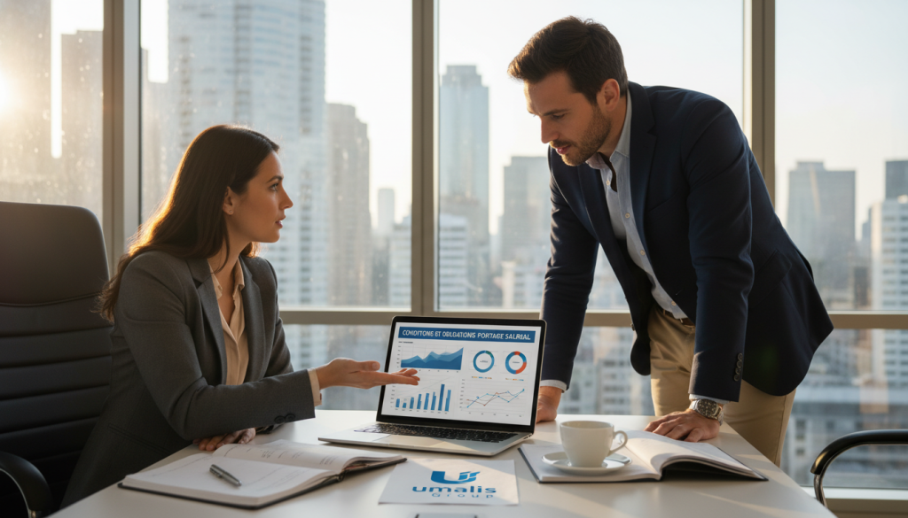 A professional office setting with two figures discussing "conditions et obligations portage salarial". In the foreground, a confident woman in a tailored business suit and a man in smart casual attire, both focused on a laptop screen displaying financial graphs. In the middle, a stylish conference table with documents and a cup of coffee, reflecting a collaborative atmosphere. The background shows large windows revealing a city skyline, bathing the scene in natural light, enhancing the productive mood. Soft shadows create depth, with a slight lens flare to evoke a sense of inspiration. Include the Umalis Group logo subtly on a document within the scene. The overall ambiance should be professional and inviting, emphasizing importance in the discussion.