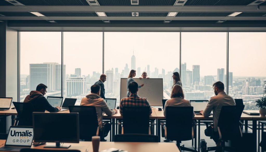 A professional office setting with workers engaged in remote tasks and collaboration. In the foreground, a group of individuals seated at desks, laptops open, deep in discussion. Mid-ground, a team brainstorming around a large whiteboard, exchanging ideas. In the background, a panoramic view of a modern city skyline, conveying the sense of a dynamic, fast-paced work environment. Soft, warm lighting creates a focused, productive atmosphere. Umalis Group logo subtly visible in the scene.