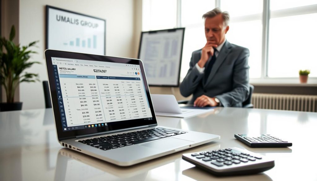A professional office space showcasing a detailed calculation process for business revenue into net salary. In the foreground, a sleek, modern desk with a laptop featuring financial software open on the screen, spreadsheets filled with numbers, and a calculator next to it. In the middle ground, a focused individual in professional attire, a middle-aged man or woman, analyzing data with a thoughtful expression. The background displays a large window with soft, natural lighting illuminating the room, creating a serene yet productive atmosphere. Subtle branding of "UMALIS GROUP" is visible on a framed document on the wall, suggesting professionalism and reliability. The overall mood is one of clarity, purpose, and financial insight. A professional office space showcasing a detailed calculation process for business revenue into net salary. In the foreground, a sleek, modern desk with a laptop featuring financial software open on the screen, spreadsheets filled with numbers, and a calculator next to it. In the middle ground, a focused individual in professional attire, a middle-aged man or woman, analyzing data with a thoughtful expression. The background displays a large window with soft, natural lighting illuminating the room, creating a serene yet productive atmosphere. Subtle branding of "UMALIS GROUP" is visible on a framed document on the wall, suggesting professionalism and reliability. The overall mood is one of clarity, purpose, and financial insight.