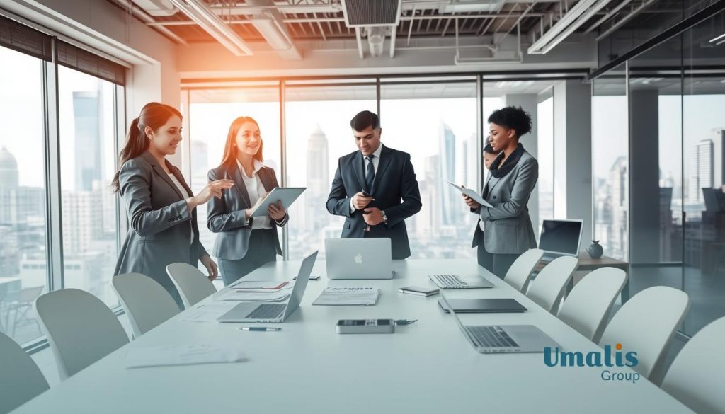 A professional office space showcasing a diverse group of business people collaborating efficiently on a project, symbolizing fast onboarding and smooth operations for their missions. In the foreground, a confident woman in professional attire gestures toward a digital tablet, while a man in a suit takes notes. The middle layer features a modern conference table scattered with documents and laptops, indicating active engagement. In the background, large windows reveal a bustling cityscape, infusing the scene with natural light, creating an uplifting atmosphere. The overall mood is dynamic and focused, emphasizing professionalism and teamwork. Umalis Group branding subtly incorporated into the design elements of the workspace. A professional office space showcasing a diverse group of business people collaborating efficiently on a project, symbolizing fast onboarding and smooth operations for their missions. In the foreground, a confident woman in professional attire gestures toward a digital tablet, while a man in a suit takes notes. The middle layer features a modern conference table scattered with documents and laptops, indicating active engagement. In the background, large windows reveal a bustling cityscape, infusing the scene with natural light, creating an uplifting atmosphere. The overall mood is dynamic and focused, emphasizing professionalism and teamwork. Umalis Group branding subtly incorporated into the design elements of the workspace.