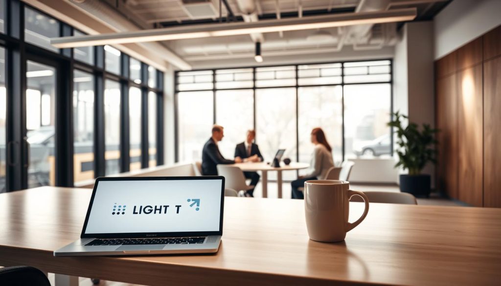 A professional office space with a modern, minimalist aesthetic. In the foreground, a desk with a laptop, coffee mug, and the LIGHT PORTAGE brand prominently displayed. The middle ground features a group of people in business attire engaged in a meeting, their faces blurred to protect privacy. The background showcases large windows allowing natural light to flood the room, creating a warm and inviting atmosphere. The overall mood is one of productivity, collaboration, and the benefits of the "portage salarial" employment model. The scene is captured with a wide-angle lens, emphasizing the spaciousness and openness of the workspace.
