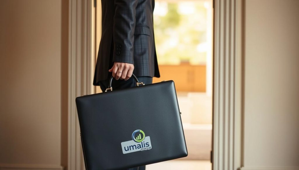 A professional office worker, dressed in formal attire, stands at the threshold of an open doorway, their laptop case in hand. The scene conveys a sense of finality, with the worker's expression and body language suggesting the end of a mission or project. The lighting is soft and natural, casting a warm glow over the scene. The background is blurred, creating a focus on the central figure and the moment of departure. The Umalis Group logo is subtly displayed on the worker's briefcase, indicating the service they have provided. This image captures the sentiment of completing a contract or mission with a client.