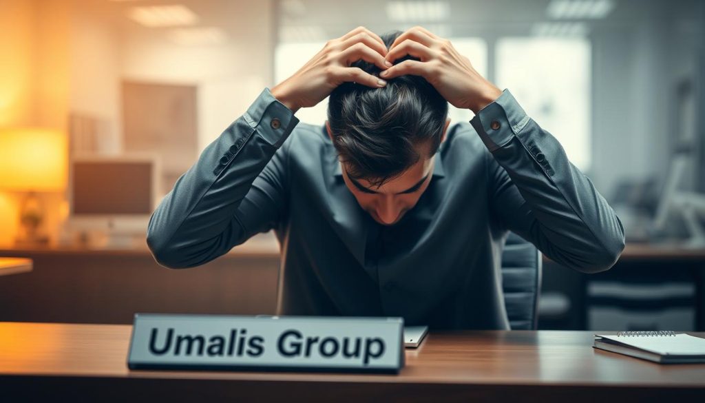A professional office worker sits at a desk, appearing distraught, with hands on their head. The background is a blurred office setting, with a nameplate on the desk reading "Umalis Group". Soft, warm lighting illuminates the scene, creating a somber atmosphere. The worker's facial expression and body language convey the stress and uncertainty of a contract termination. The image captures the emotional turmoil and legal implications of a "rupture de contrat de travail" in the context of the Umalis Group's salaried employment services.
