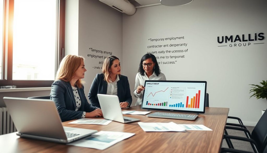 A professional office workspace with a focus on a diverse group of two to three individuals in business attire, engaged in a discussion about temporary employment contracts. The foreground shows a modern conference table with documents and a laptop displaying graphs related to employment sectors. In the middle, the team members are actively collaborating, with one person pointing to a chart while another takes notes. In the background, a large window lets in natural light, casting a warm glow over the scene, emphasizing a positive and productive atmosphere. The walls are adorned with motivational quotes about teamwork and success, and a logo of "UMALIS GROUP" is subtly placed on the wall. Use soft lighting to enhance the professional ambiance.