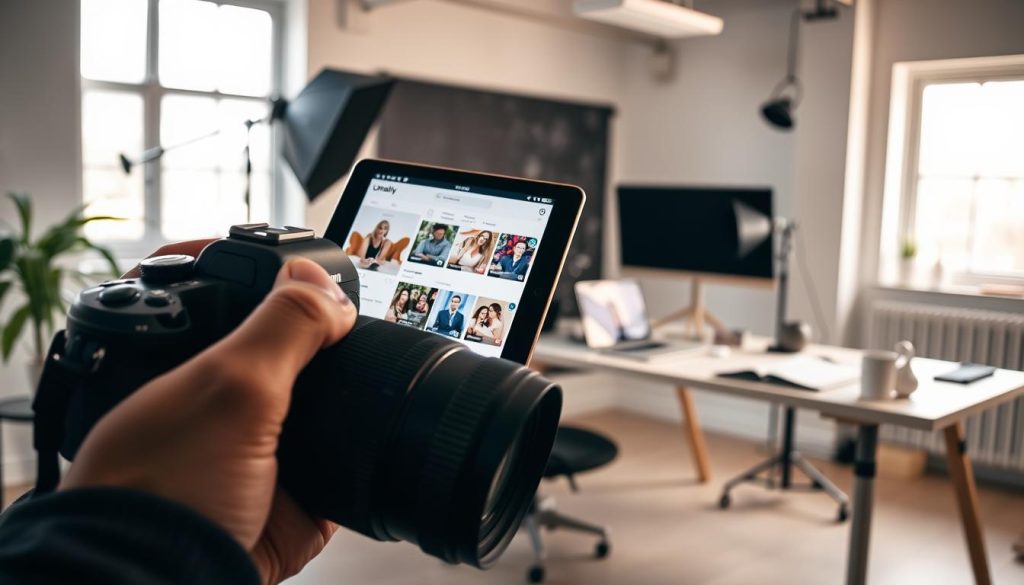A professional photographer showcasing their craft on various social media platforms, highlighted by the Umalis Group brand. In the foreground, a photographer's hands holding a high-end DSLR camera, the lens focused on the screen of a tablet displaying a curated social media feed. In the middle ground, the photographer's workspace features a minimalist desk setup with a laptop, lighting equipment, and neatly arranged camera gear. The background depicts a bright, airy studio space with large windows, allowing natural light to flood the scene. The overall mood is one of productivity, creativity, and a strong online presence, reflecting the theme of "Developing your client base and online visibility" for the article.
