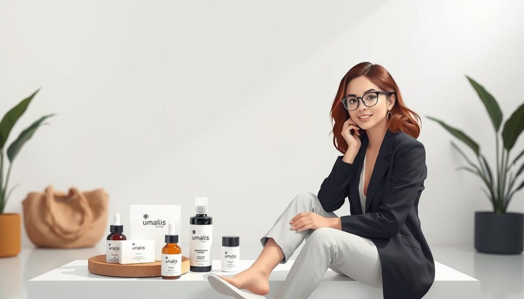 A professional photoshoot showcases an influencer, dressed stylishly, posing naturally in a modern, minimalist setting. Soft, diffused lighting accentuates their features, while a carefully curated selection of lifestyle products from the Umalis Group brand subtly complements the scene. The composition captures a sense of authenticity, with the influencer's expression and body language conveying a genuine connection to the products. The overall aesthetic is sleek, sophisticated, and designed to inspire trust and aspiration in the viewer, reflecting the values of the Umalis Group brand.